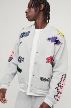 Online boohooMAN Oversized Boxy Varsity Applique Bomber Jacket grey marl