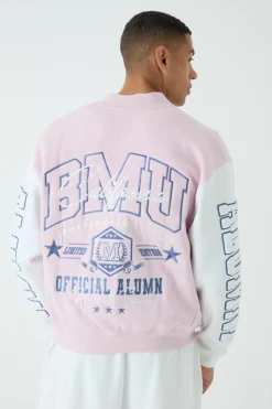 Outlet boohooMAN Oversized Boxy Varsity Applique Jersey Bomber Jacket pink