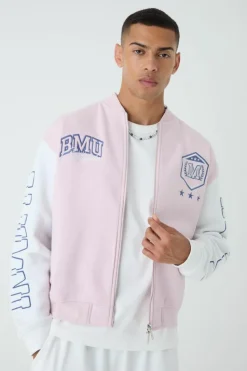 Outlet boohooMAN Oversized Boxy Varsity Applique Jersey Bomber Jacket pink