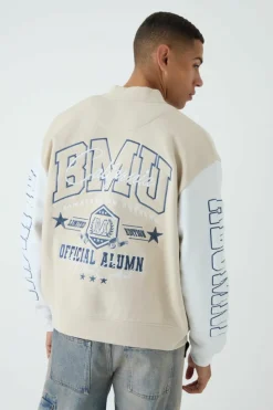 Store boohooMAN Oversized Boxy Varsity Applique Jersey Bomber Jacket taupe
