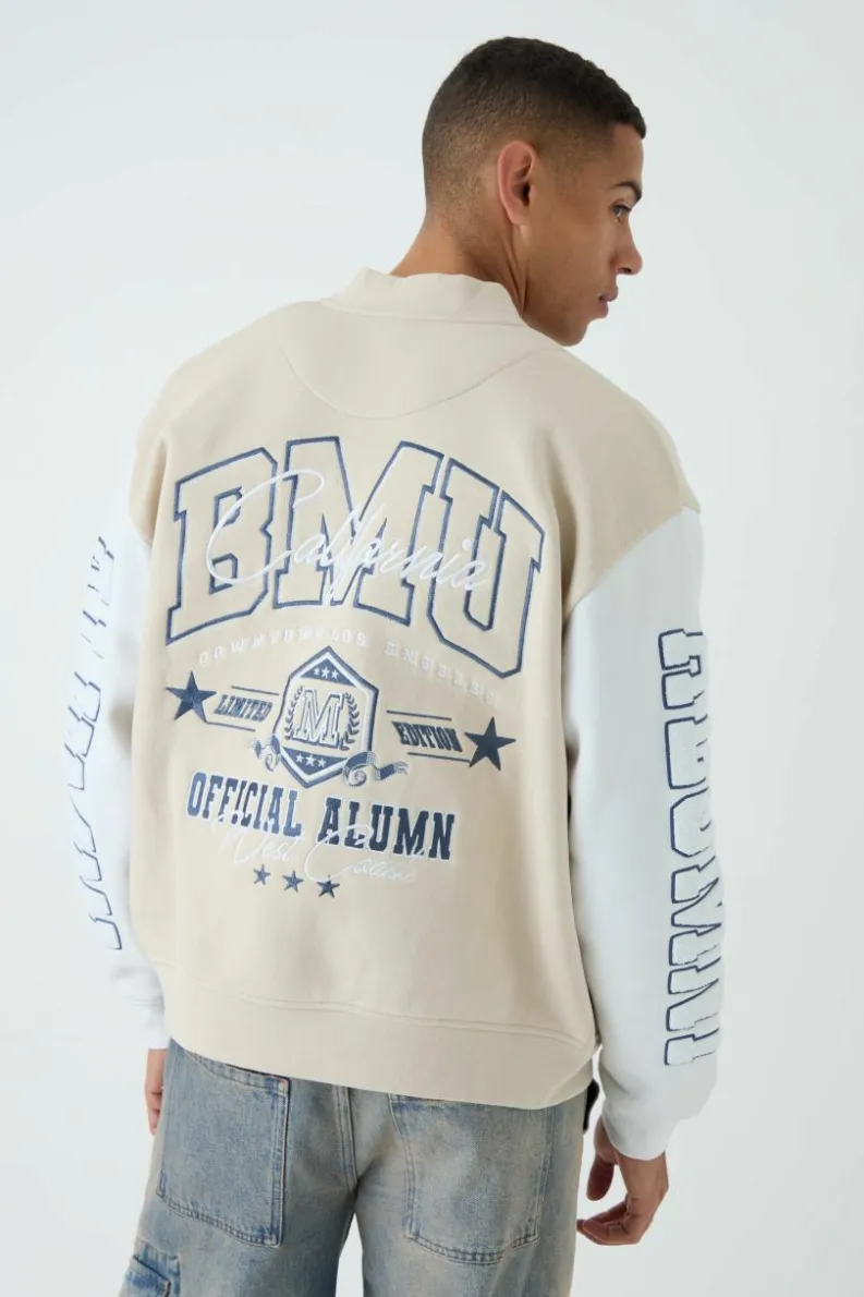 Store boohooMAN Oversized Boxy Varsity Applique Jersey Bomber Jacket taupe