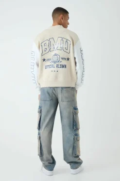 Store boohooMAN Oversized Boxy Varsity Applique Jersey Bomber Jacket taupe
