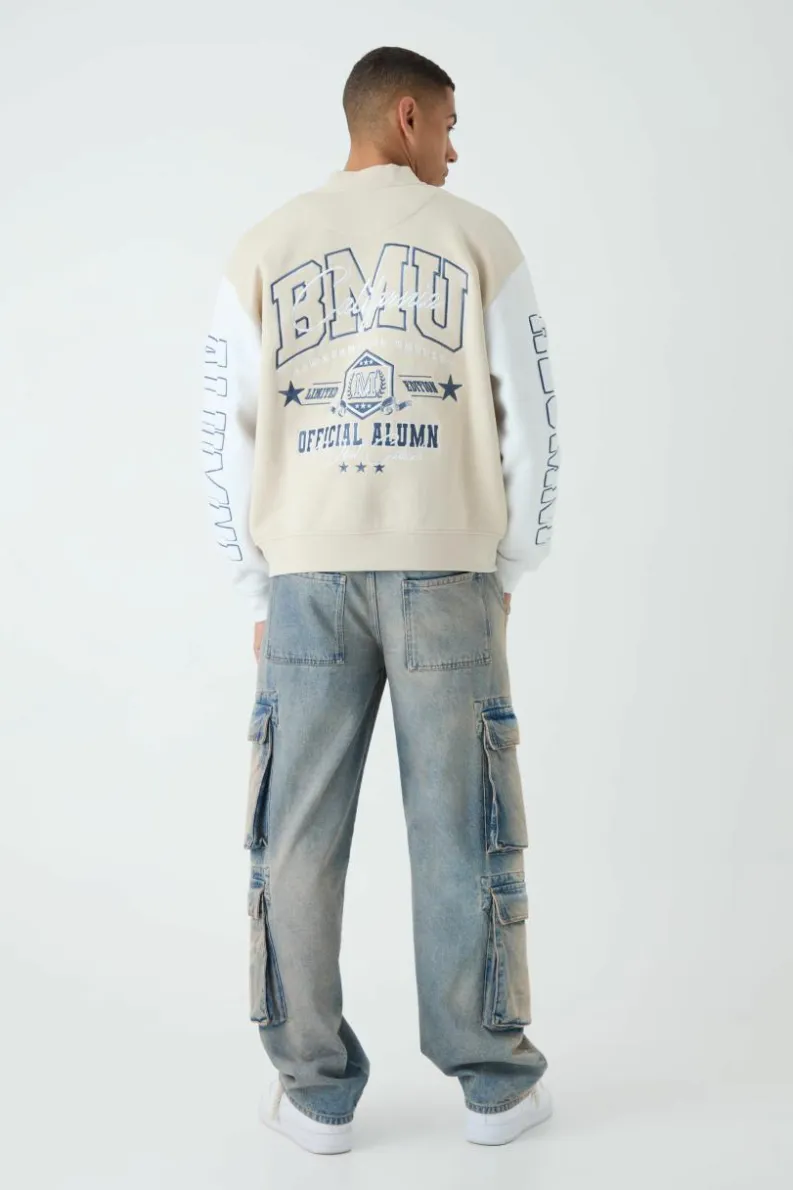 Store boohooMAN Oversized Boxy Varsity Applique Jersey Bomber Jacket taupe
