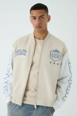 Store boohooMAN Oversized Boxy Varsity Applique Jersey Bomber Jacket taupe