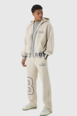 Hot boohooMAN Oversized Boxy Varsity Printed Zip Through Tracksuit stone