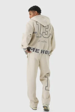 Hot boohooMAN Oversized Boxy Varsity Printed Zip Through Tracksuit stone
