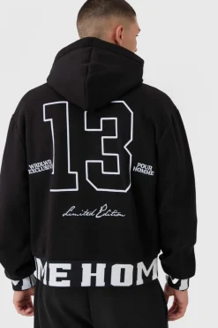 Fashion boohooMAN Oversized Boxy Varsity Printed Zip Through Hoodie black