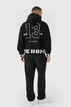 Fashion boohooMAN Oversized Boxy Varsity Printed Zip Through Hoodie black