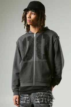 Store boohooMAN Oversized Boxy Varsity Raw Edge Zip Through Loopback Hoodie charcoal