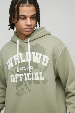 Hot boohooMAN Oversized Boxy Varsity Worldwide Printed Raw Hem Flare Hooded Tracksuit khaki