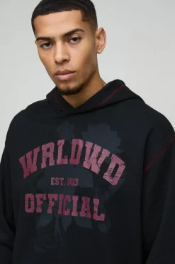 New boohooMAN Oversized Boxy Varsity Worldwide Printed Raw Hem Hoodie black