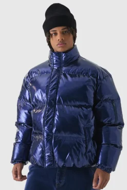 Outlet boohooMAN Oversized Boxy Vinyl Boxy Puffer Jacket blue