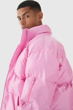 Flash Sale boohooMAN Oversized Boxy Vinyl Boxy Puffer Jacket pink