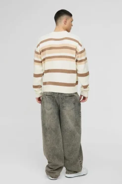 Sale boohooMAN Oversized Boxy V Neck Brushed Stripe Knitted Jumper white