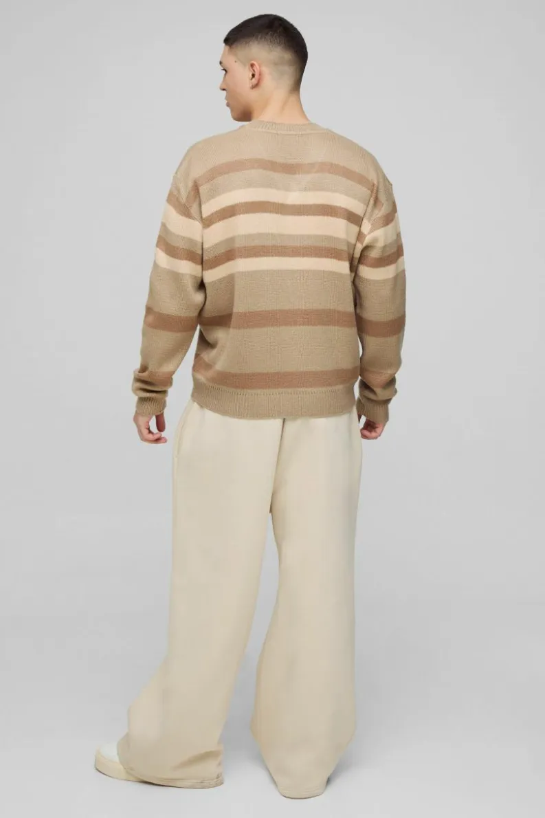 Best Sale boohooMAN Oversized Boxy V Neck Brushed Stripe Knitted Jumper tan