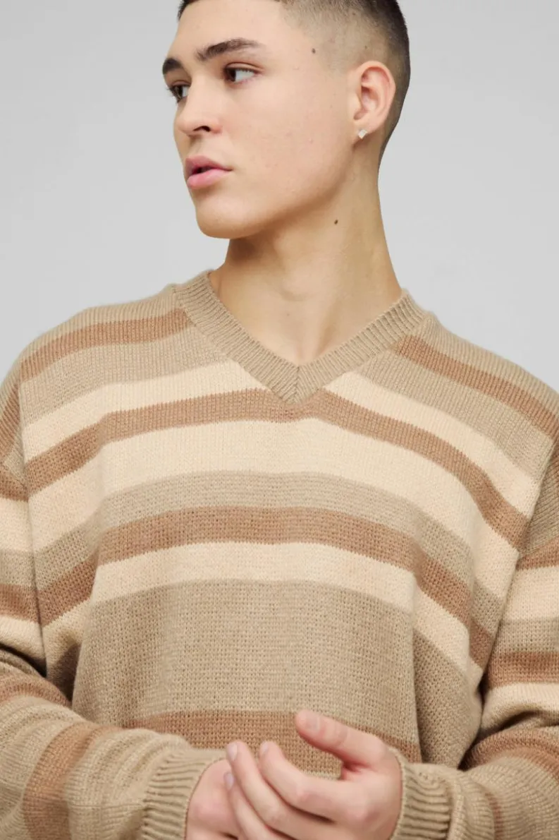 Best Sale boohooMAN Oversized Boxy V Neck Brushed Stripe Knitted Jumper tan