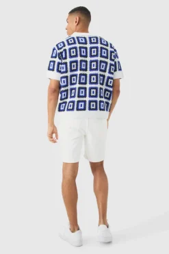 Flash Sale boohooMAN Oversized Boxy V Neck Crochet Knit Polo white