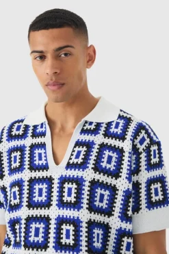 Flash Sale boohooMAN Oversized Boxy V Neck Crochet Knit Polo white