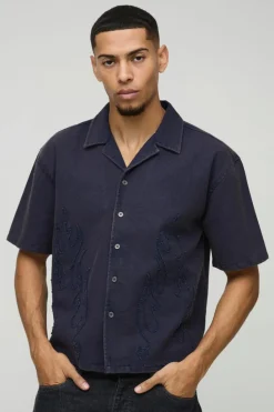 Cheap boohooMAN Oversized Boxy Washed Flame Applique Washed Shirt navy