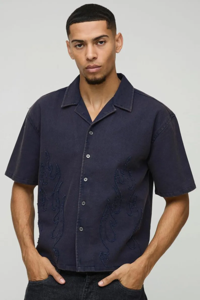 Cheap boohooMAN Oversized Boxy Washed Flame Applique Washed Shirt navy