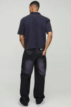 Cheap boohooMAN Oversized Boxy Washed Flame Applique Washed Shirt navy