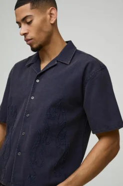 Cheap boohooMAN Oversized Boxy Washed Flame Applique Washed Shirt navy