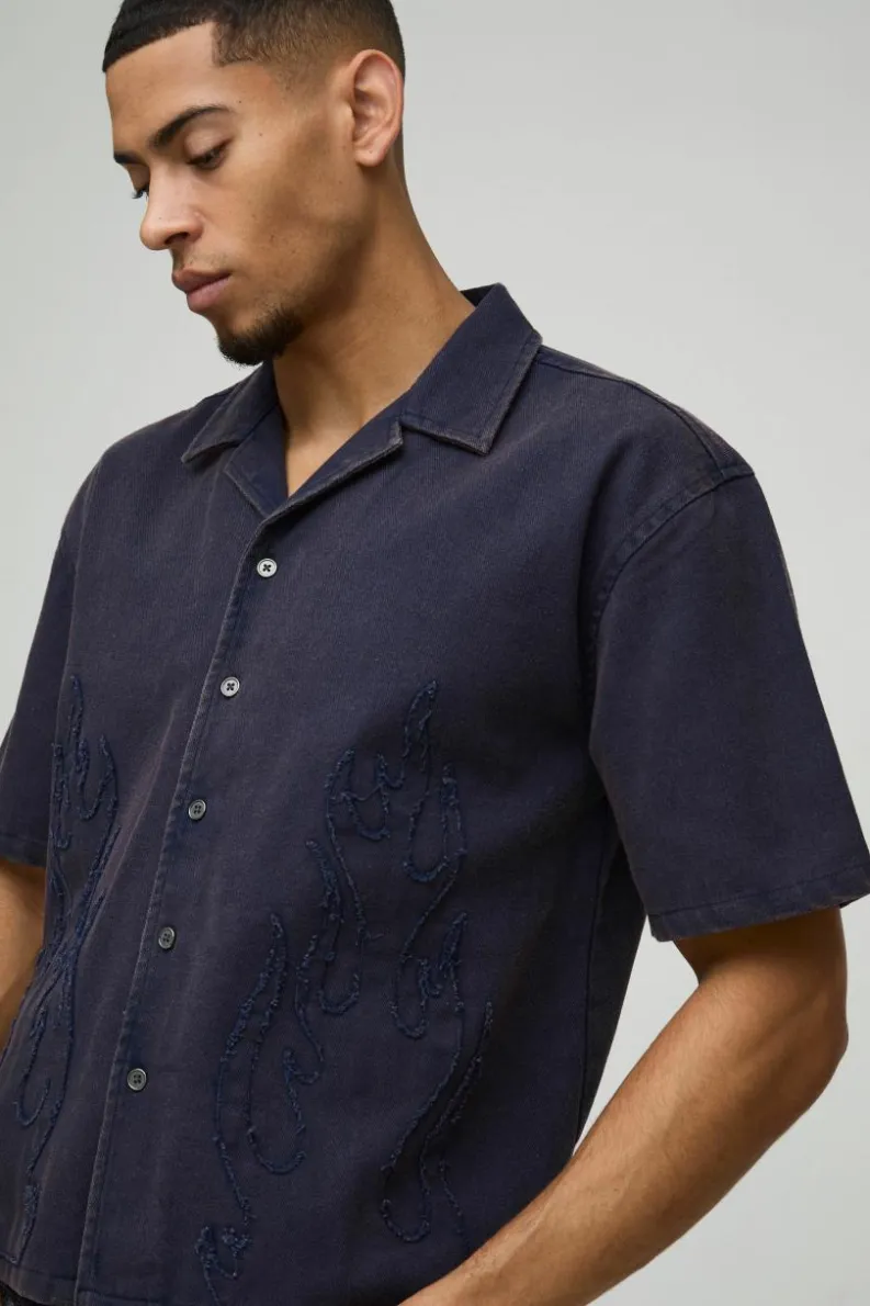 Cheap boohooMAN Oversized Boxy Washed Flame Applique Washed Shirt navy