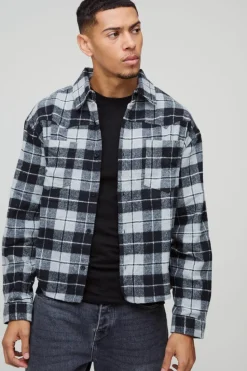 Outlet boohooMAN Oversized Boxy Western Check Collared Shirt beige