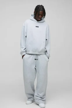 Cheap boohooMAN Oversized Boxy Wide Leg Hooded Tracksuit With Rubber Badge grey marl