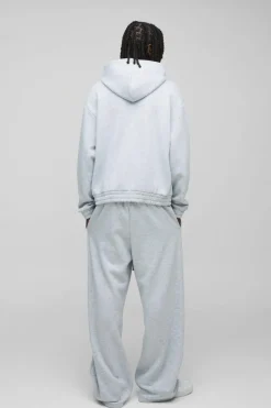 Cheap boohooMAN Oversized Boxy Wide Leg Hooded Tracksuit With Rubber Badge grey marl