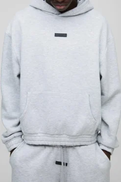Cheap boohooMAN Oversized Boxy Wide Leg Hooded Tracksuit With Rubber Badge grey marl