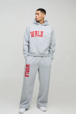 Hot boohooMAN Oversized Boxy Worldwide Distressed Applique Hooded Tracksuit grey marl