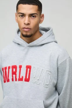 Hot boohooMAN Oversized Boxy Worldwide Distressed Applique Hooded Tracksuit grey marl