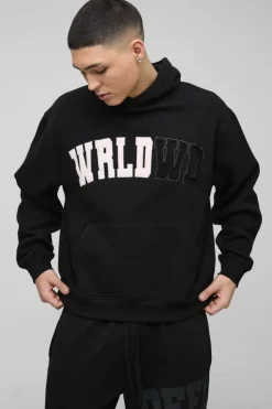 Cheap boohooMAN Oversized Boxy Worldwide Distressed Applique Hoodie black