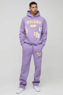 Cheap boohooMAN Oversized Boxy Worldwide 13 Embroidered Varsity Tracksuit purple