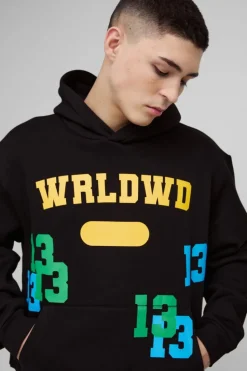 Fashion boohooMAN Oversized Boxy Worldwide 13 Embroidered Varsity Tracksuit black