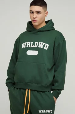 Store boohooMAN Oversized Boxy Worldwide Hooded Tracksuit forest