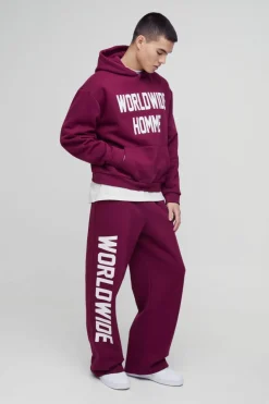 Clearance boohooMAN Oversized Boxy Worldwide Print Hooded Tracksuit burgundy