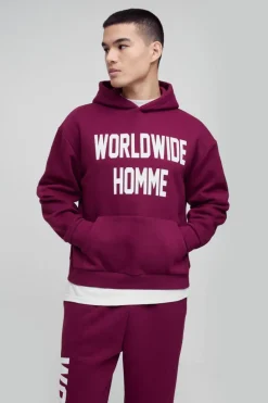 Clearance boohooMAN Oversized Boxy Worldwide Print Hooded Tracksuit burgundy