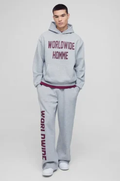 Hot boohooMAN Oversized Boxy Worldwide Print Hooded Tracksuit grey marl