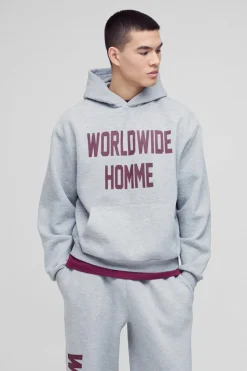 Hot boohooMAN Oversized Boxy Worldwide Print Hooded Tracksuit grey marl
