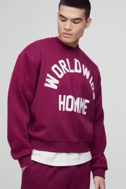 Store boohooMAN Oversized Boxy Worldwide Print Sweatshirt burgundy