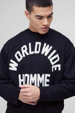 Clearance boohooMAN Oversized Boxy Worldwide Print Sweatshirt black