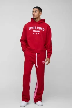 Fashion boohooMAN Oversized Boxy Worldwide Star Varsity Hooded Gusset Tracksuit red