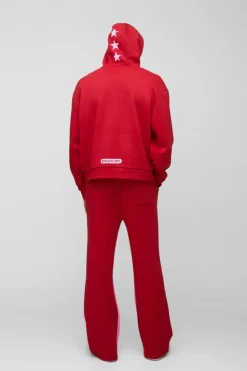 Fashion boohooMAN Oversized Boxy Worldwide Star Varsity Hooded Gusset Tracksuit red