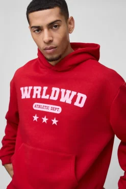 Fashion boohooMAN Oversized Boxy Worldwide Star Varsity Hooded Gusset Tracksuit red