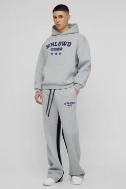 Hot boohooMAN Oversized Boxy Worldwide Star Varsity Hooded Gusset Tracksuit grey marl