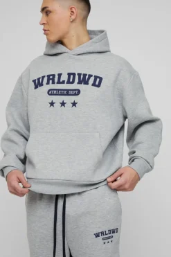Hot boohooMAN Oversized Boxy Worldwide Star Varsity Hooded Gusset Tracksuit grey marl
