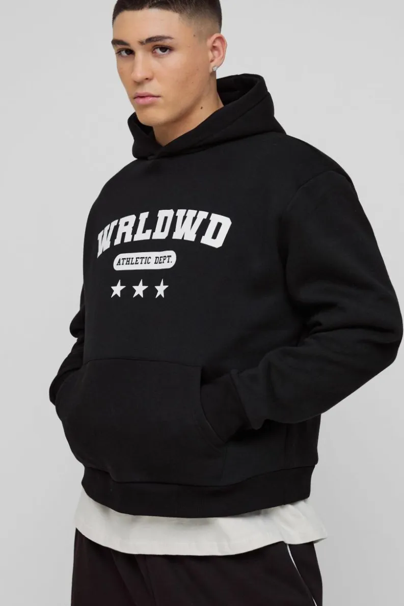 Cheap boohooMAN Oversized Boxy Worldwide Star Hoodie black