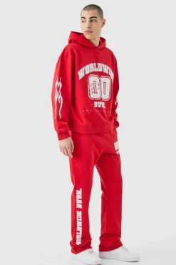 Cheap boohooMAN Oversized Boxy Worldwide Varsity Hooded Tracksuit red